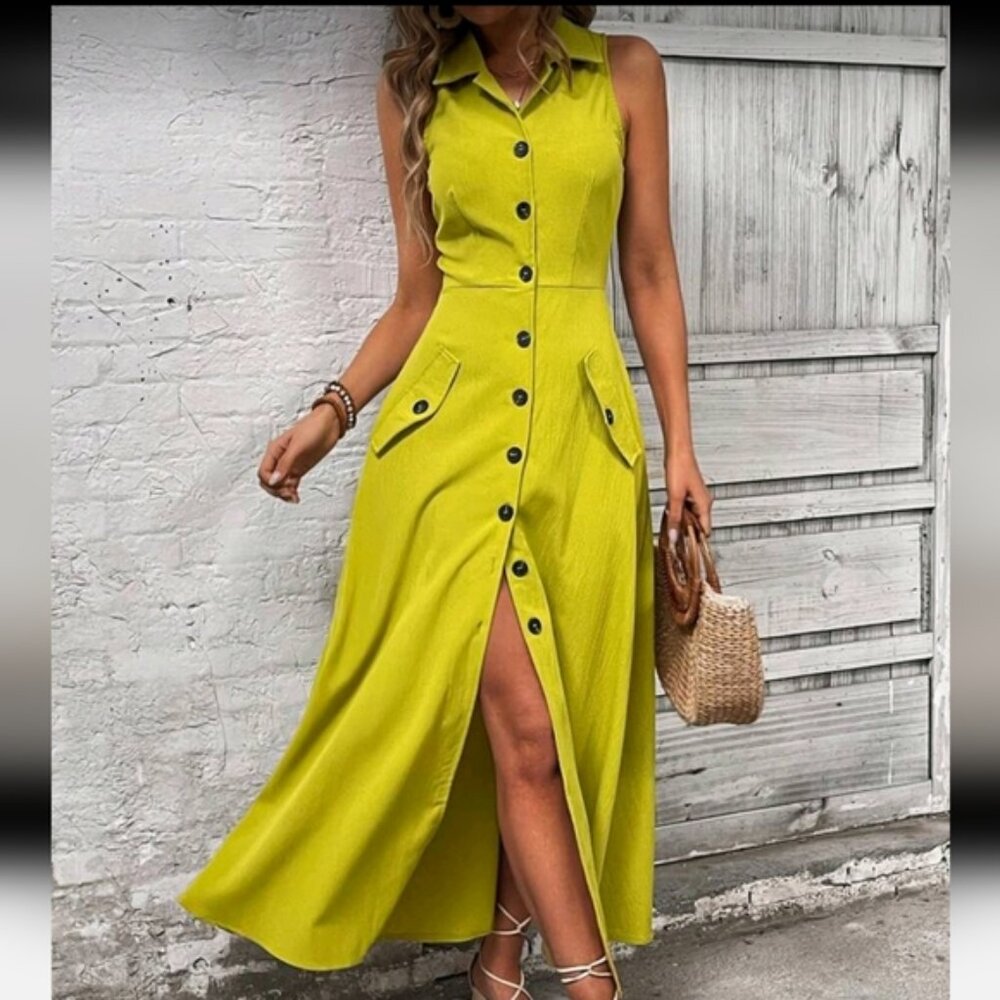 Vintage Style Collar Sleeveless Button-Down Green/Yellow Dress